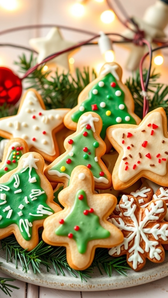 Decorated Christmas sugar cookies in festive shapes on a holiday-themed table.